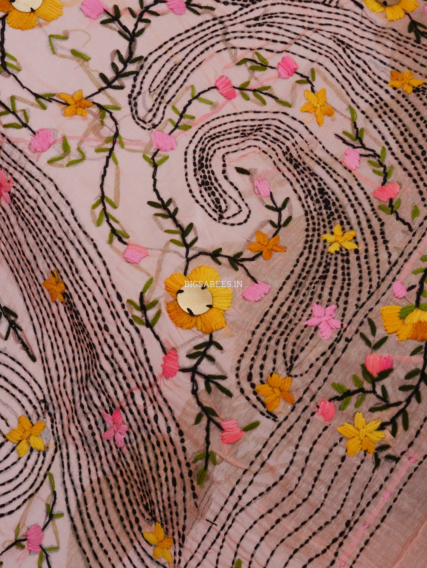 Phulkari Hand-Embroidered Saree | Chanderi Silk | Pastel Pink