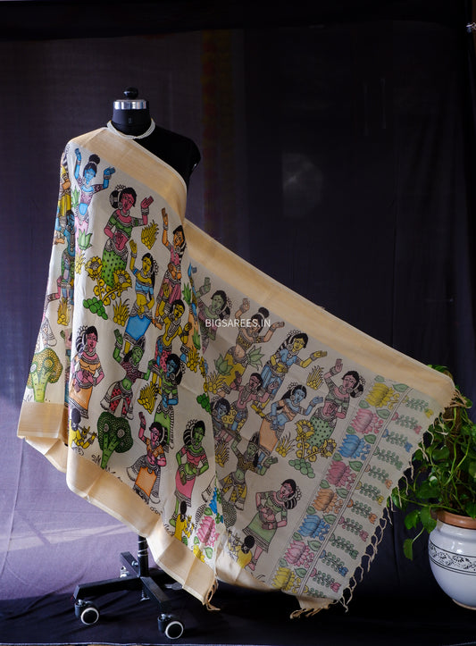 Pen Kalamkari Hand Painted Bangalore Silk Dupatta | White | 36"
