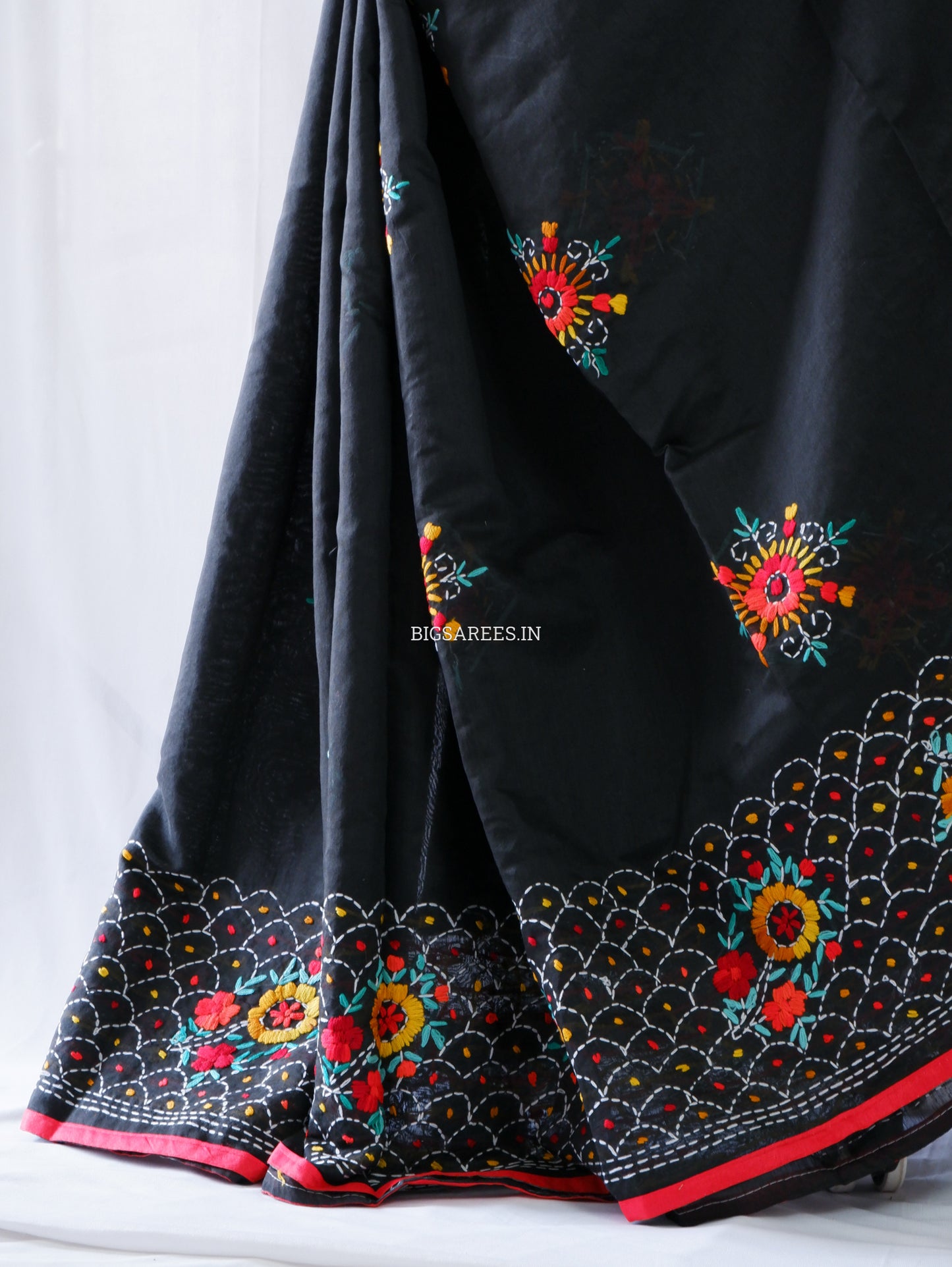 Phulkari Hand-Embroidered Saree | Chanderi Silk | Black