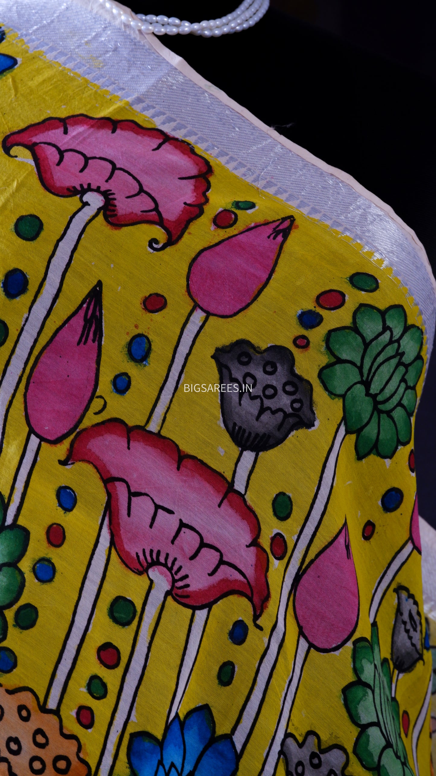 Pen Kalamkari Hand Painted Bangalore Silk Dupatta | Yellow | 36"