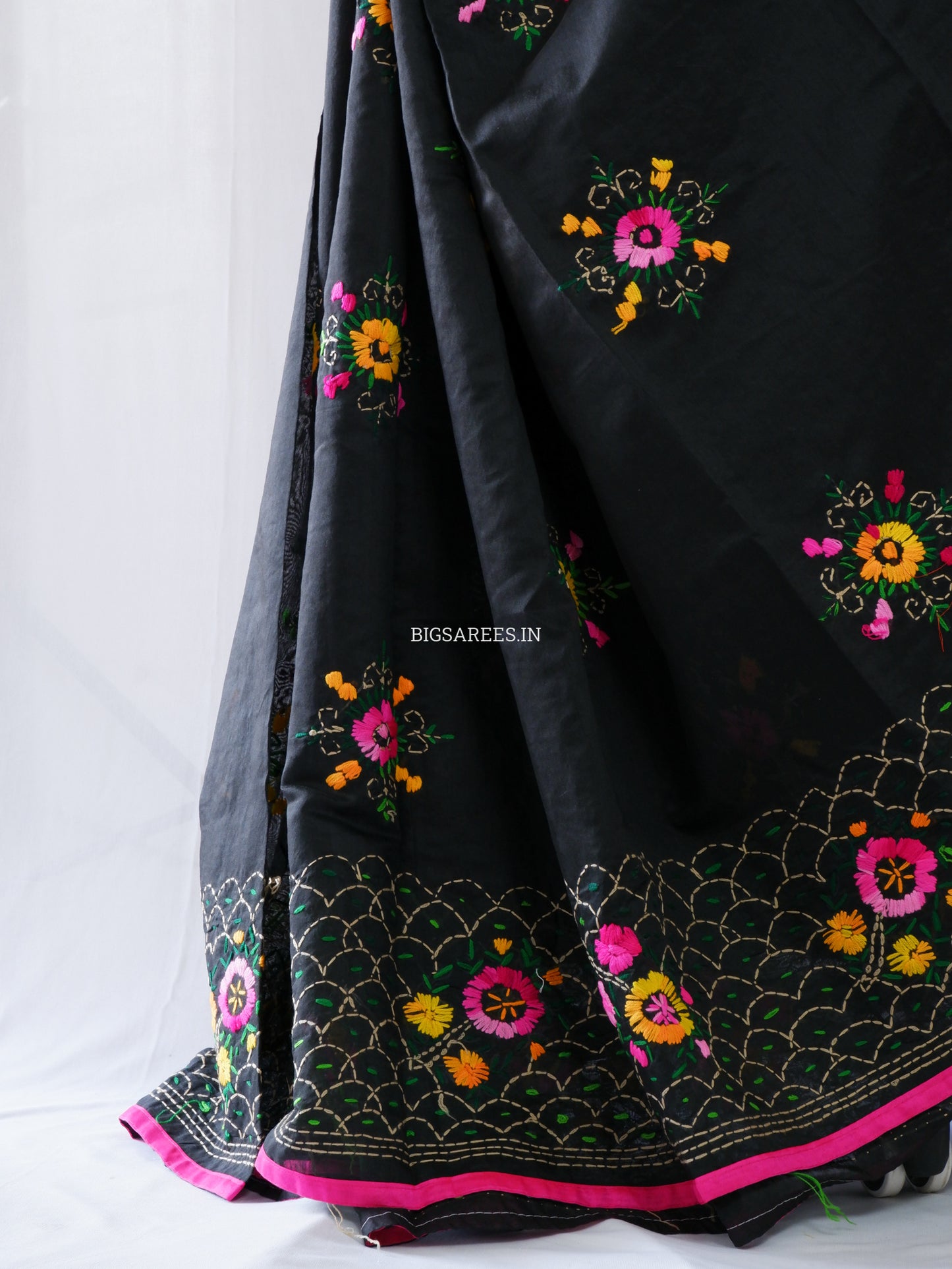 Phulkari Hand-Embroidered Saree | Chanderi Silk | Black