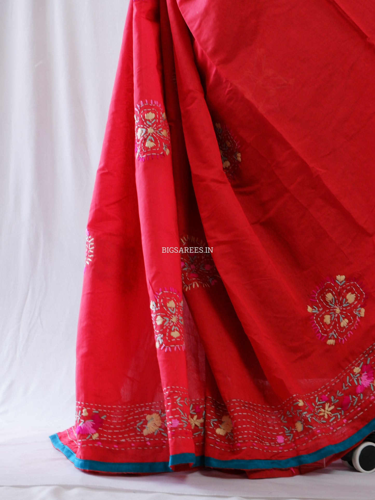 Phulkari Hand-Embroidered Saree | Chanderi Silk | Red