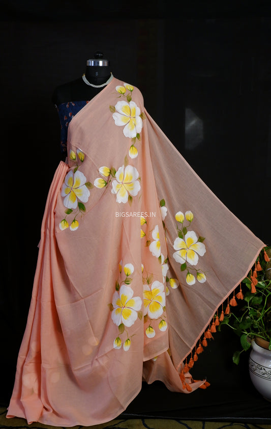 Hand Painted Mul Cotton Saree with Hand Block Printed Blouse | light Peach