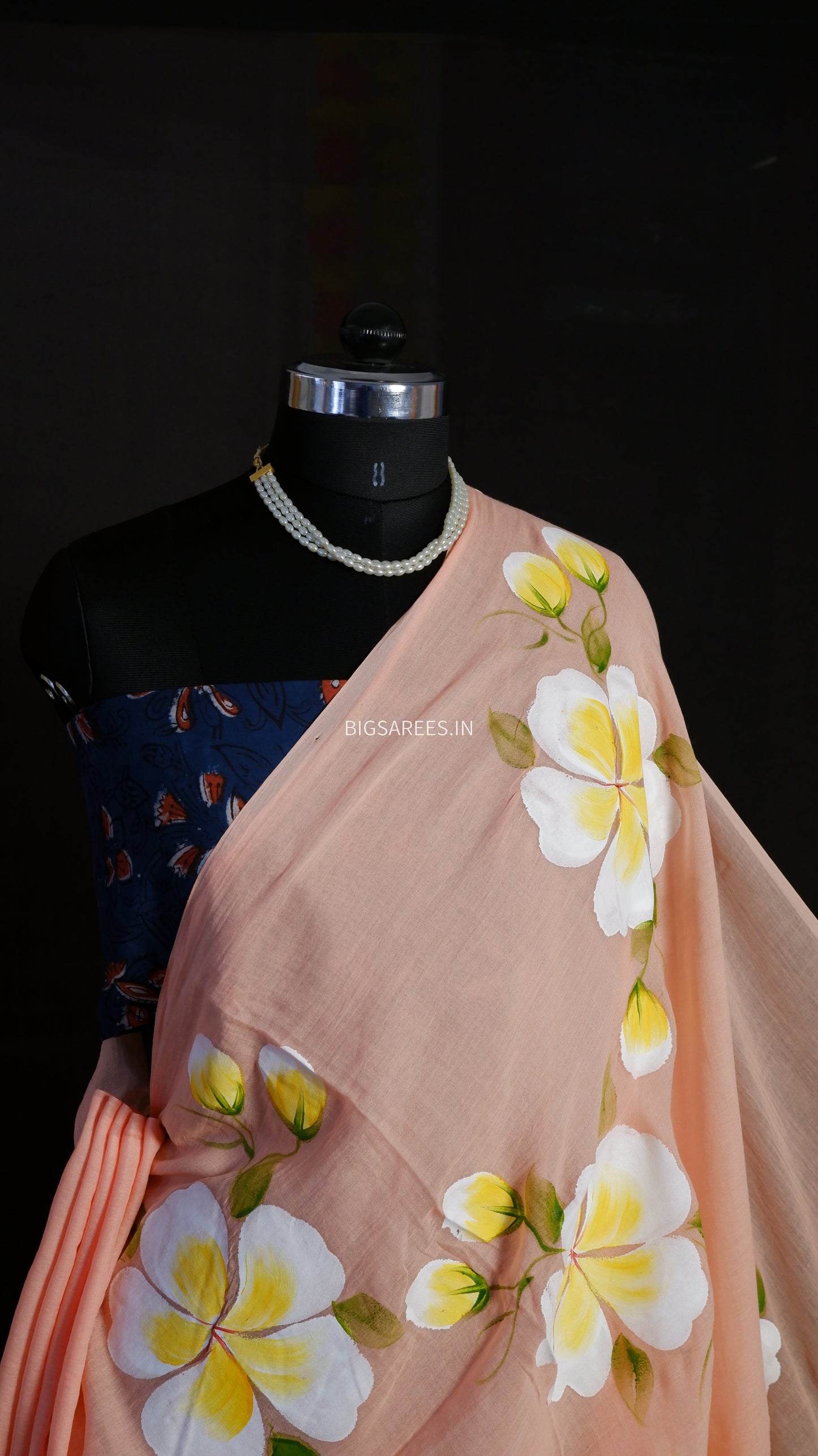 Hand Painted Mul Cotton Saree with Hand Block Printed Blouse | Peach