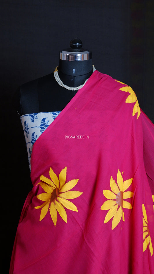 Hand Painted Mul Cotton Saree with Hand Block Printed Blouse | Magenta