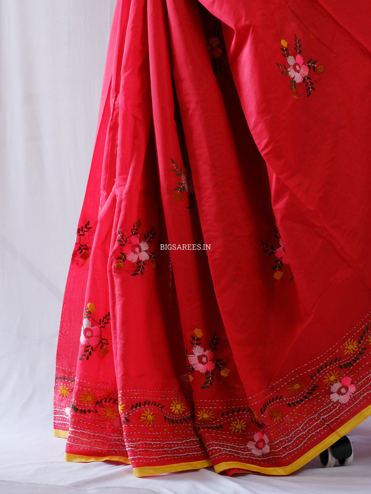 Phulkari Hand-Embroidered Saree | Chanderi Silk | Red