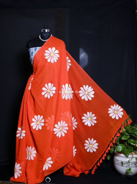 Hand Painted Mul Cotton Saree with Hand Block Printed Blouse | Orange