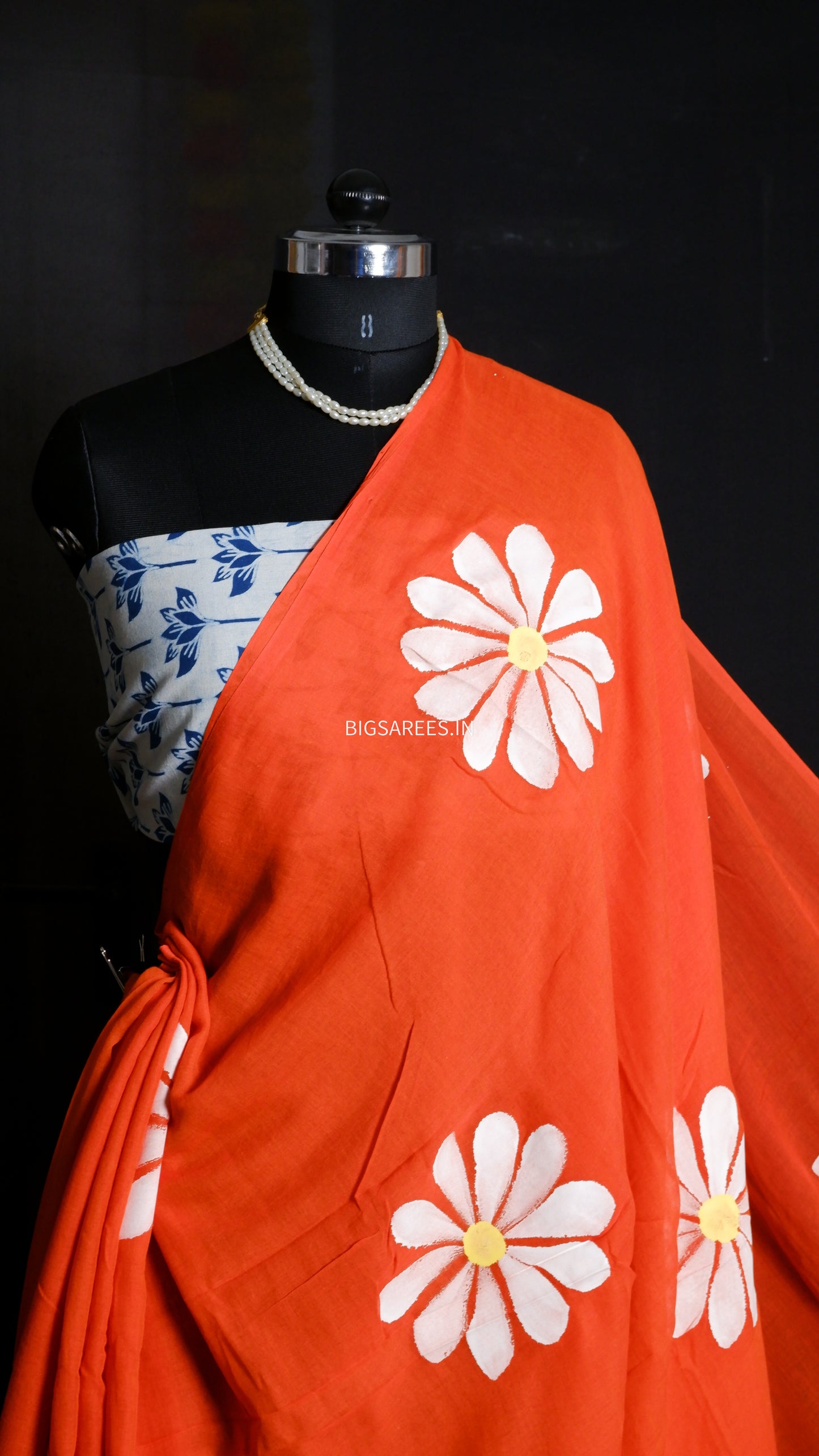 Hand Painted Mul Cotton Saree with Hand Block Printed Blouse | Orange