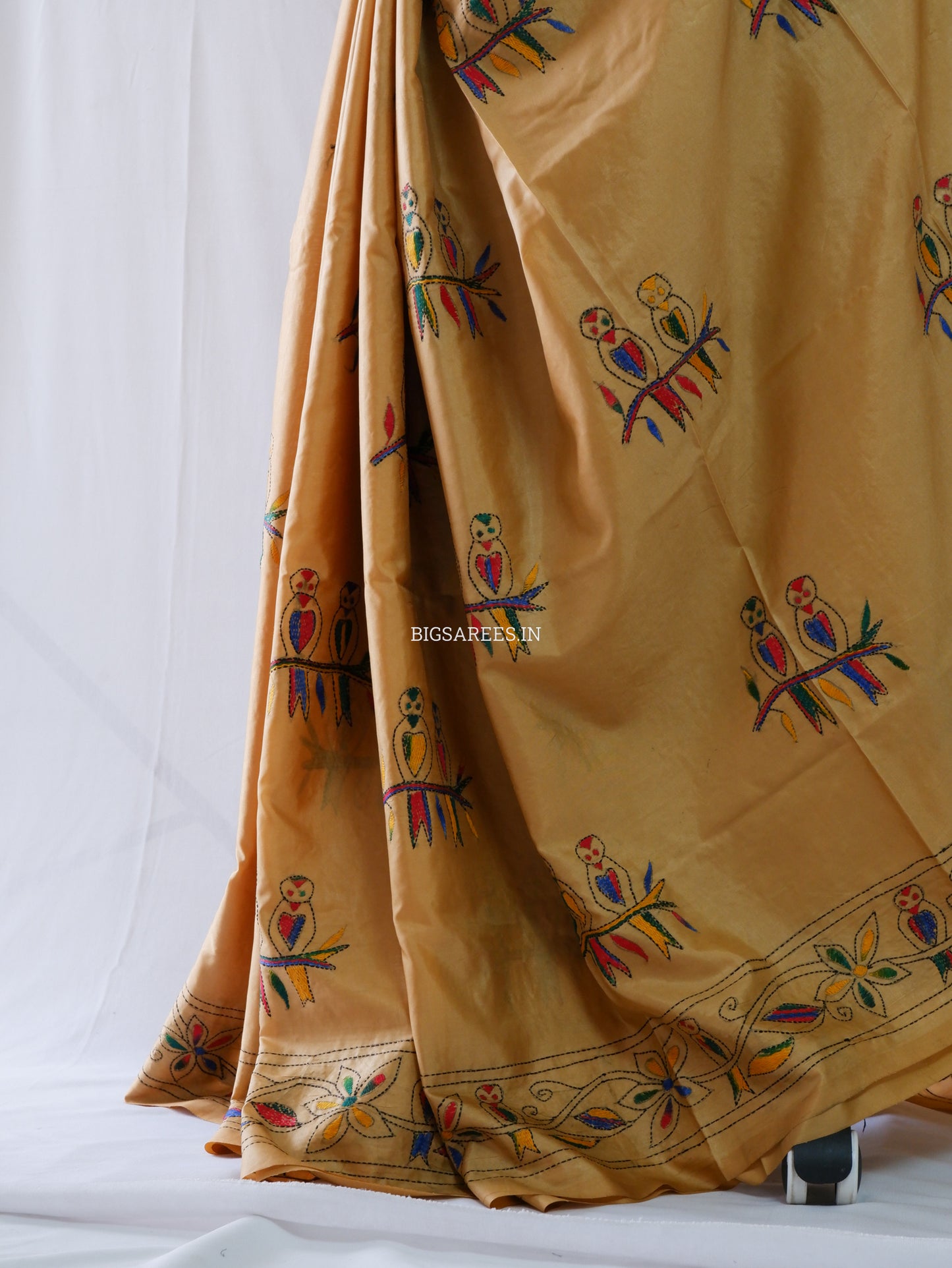Kantha Stitch Hand Embroidered Saree | Blended Bangalore Silk / Art Silk | Golden Brown