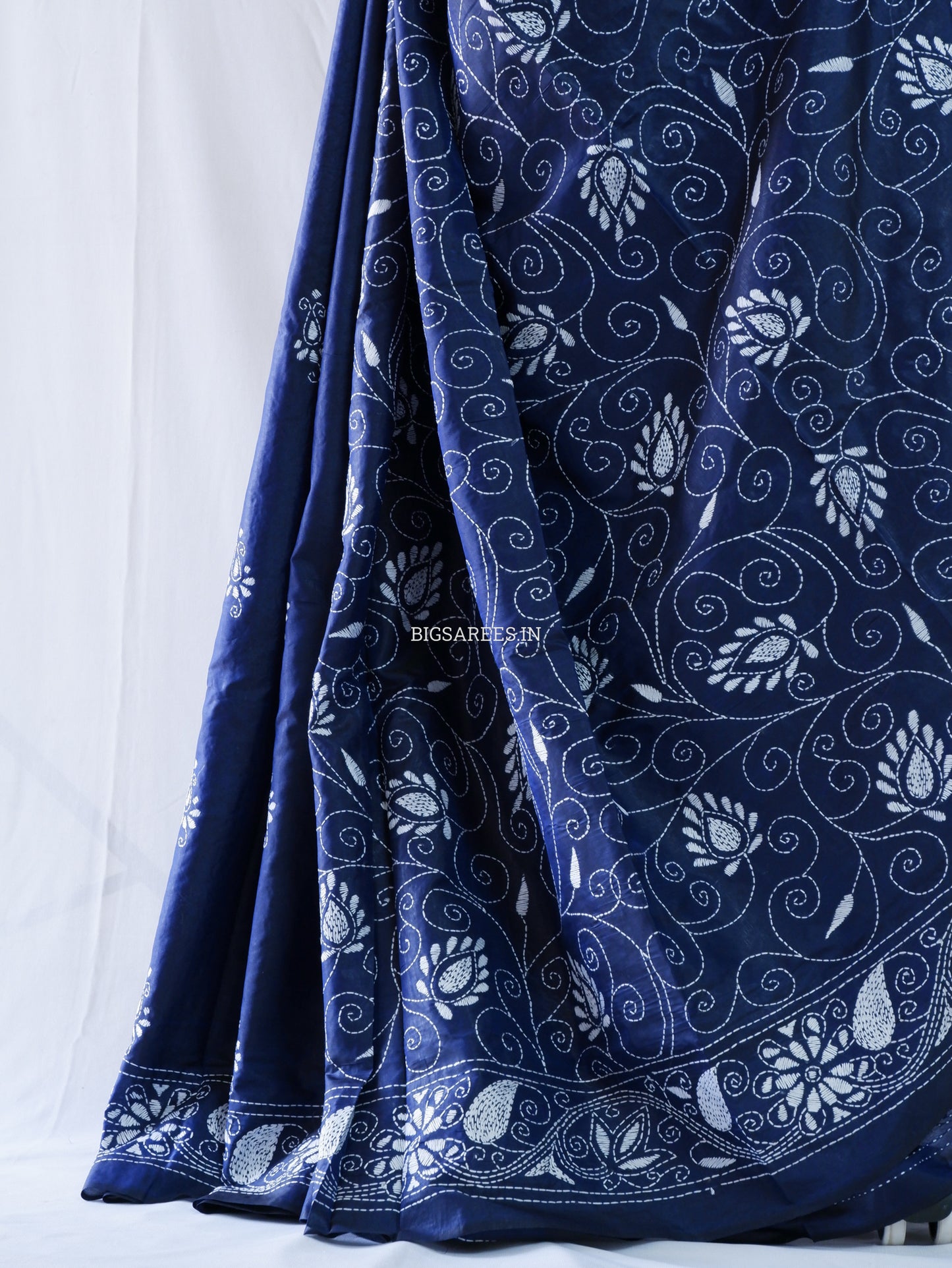 Kantha Stitch Hand Embroidered Saree | Blended Bangalore Silk / Art Silk | Navy Blue