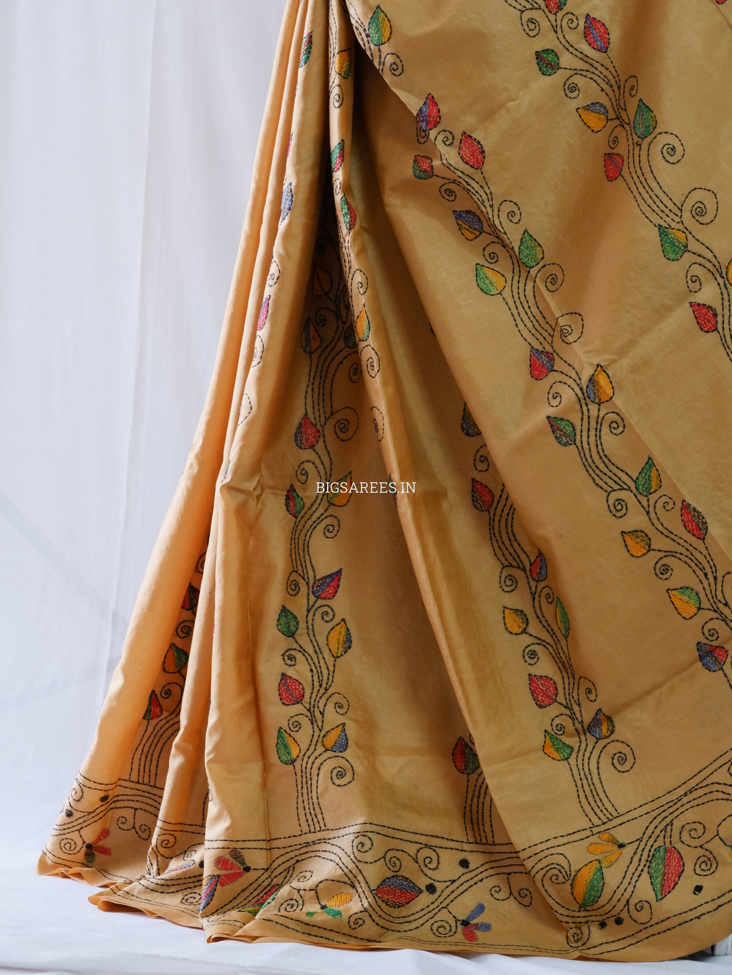Kantha Stitch Hand Embroidered Saree | Blended Bangalore Silk / Art Silk | Golden Brown