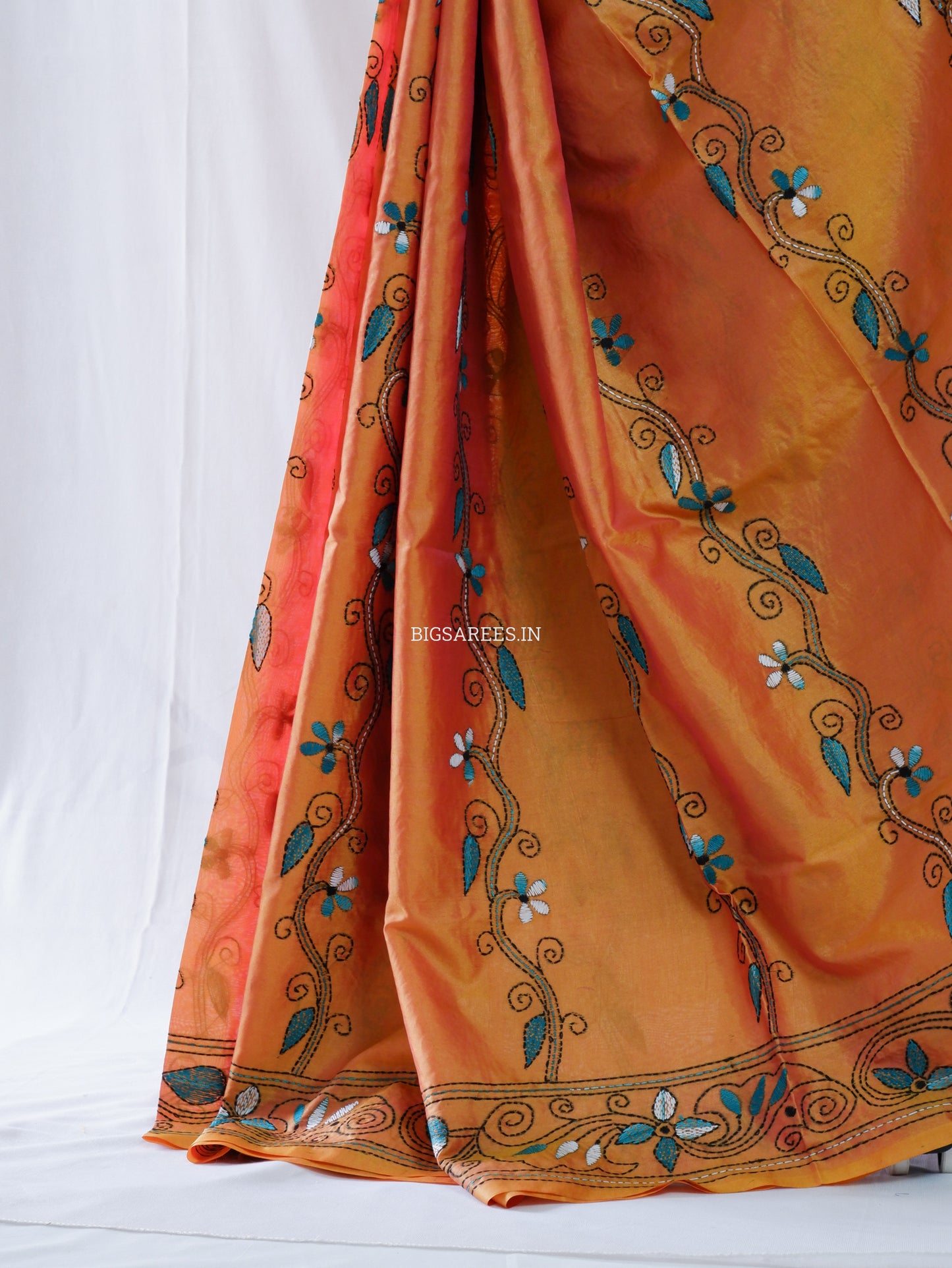 Kantha - Stitch Hand Embroidered Saree | Blended Bangalore Silk / Art Silk | Yellow Ochre