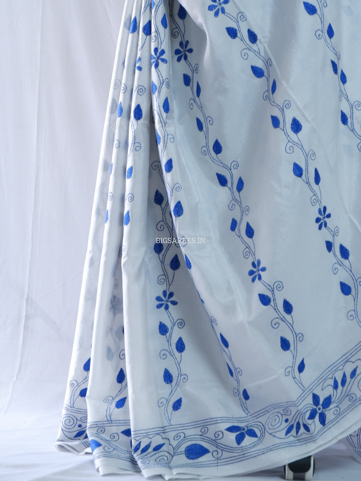 Kantha - Stitch Hand Embroidered Saree | Blended Bangalore Silk / Art Silk | White