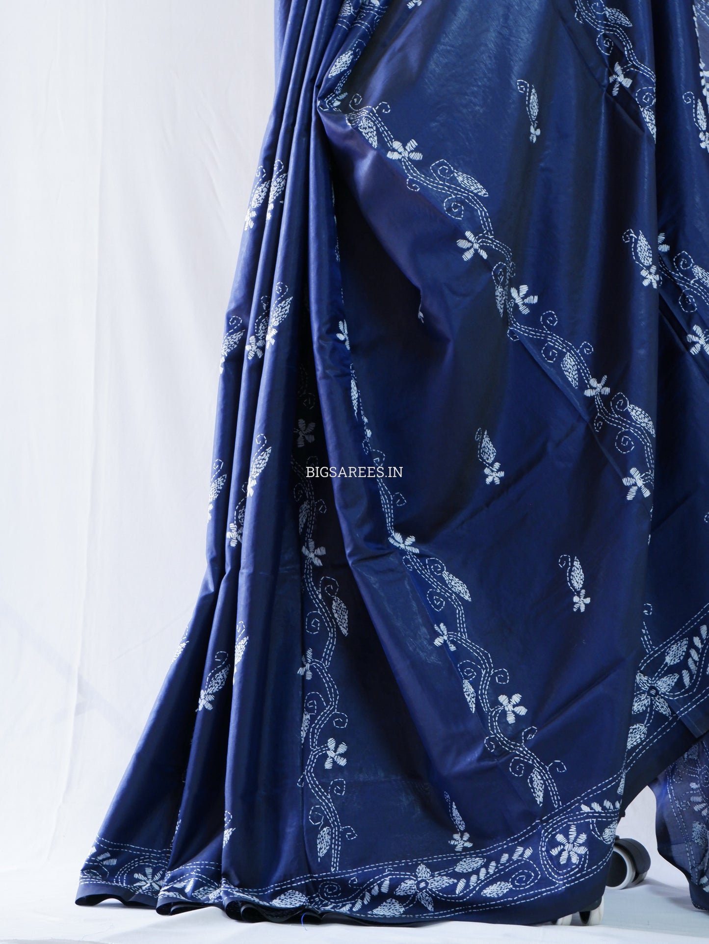 Kantha-Stitch Hand Embroidered Saree | Blended Bangalore Silk / Art Silk | Elegant Blue