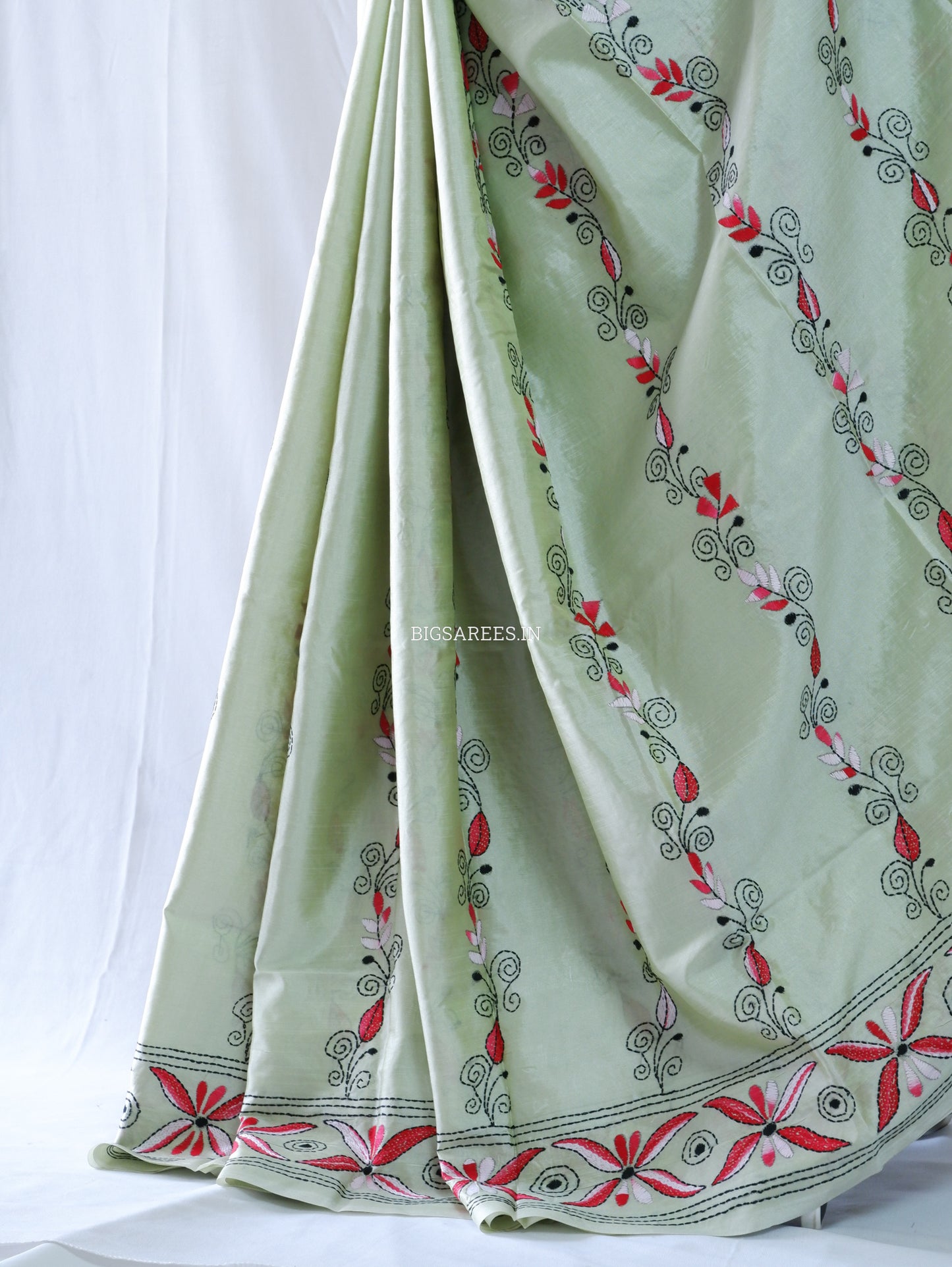 Kantha - Stitch Hand Embroidered Saree| Blended Bangalore Silk / Art Silk | Mint Green
