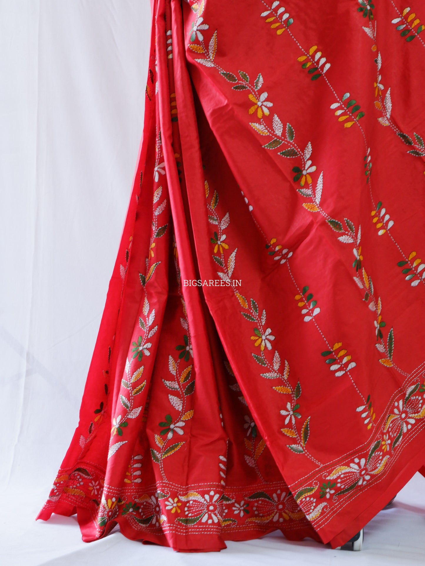 Kantha-Stitch Hand Embroidered Saree | Blended Bangalore Silk / Art Silk | Red
