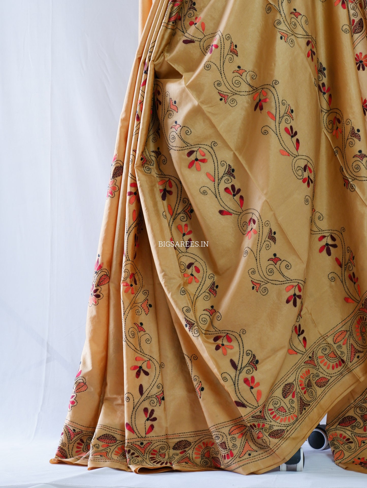 Kantha-Stitch Hand Embroidered Saree | Blended Bangalore Silk / Art Silk | Golden Sand