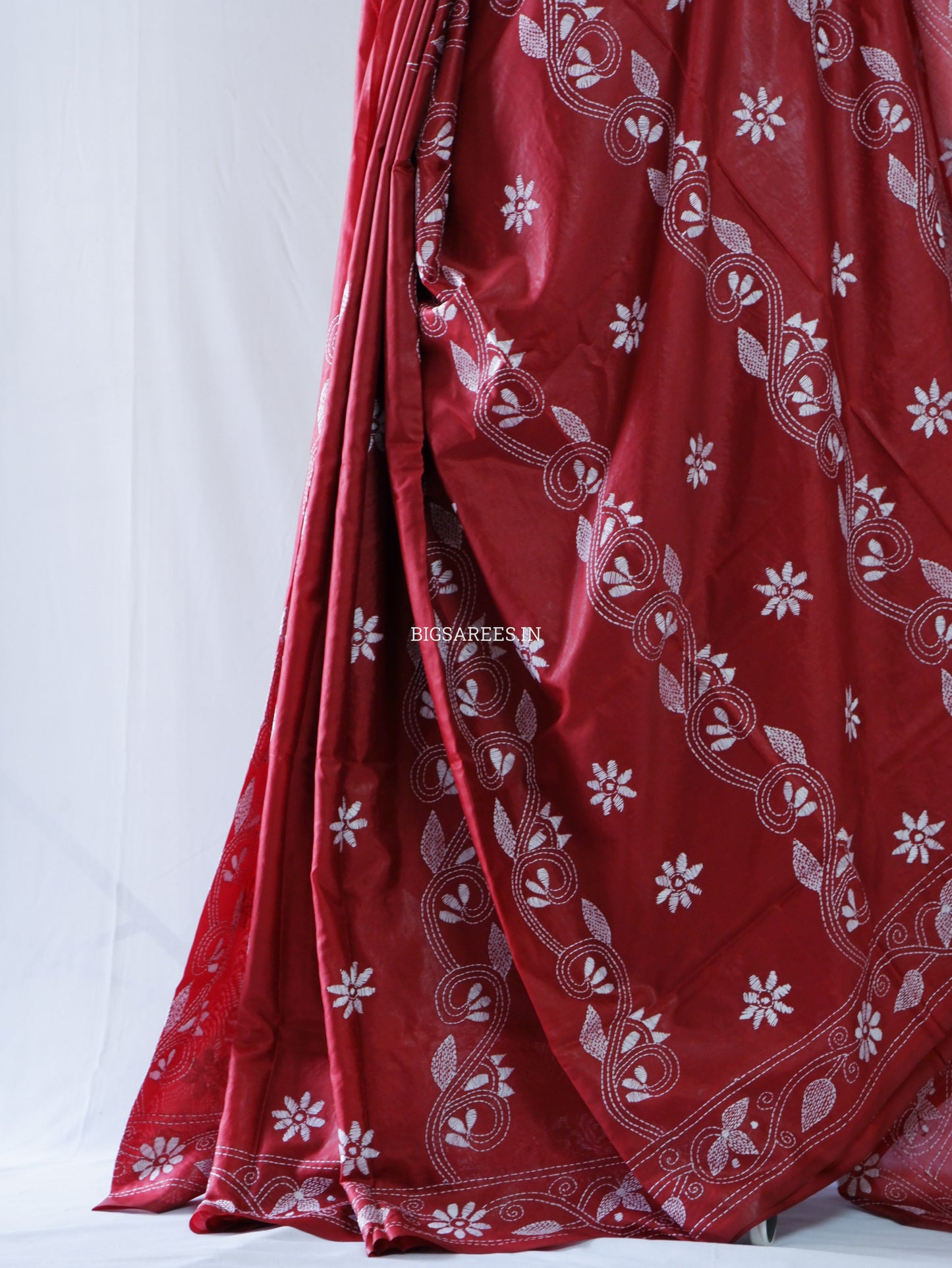 Kantha Stitch Hand Embroidered Saree | Blended Bangalore Silk / Art Silk | Maroon