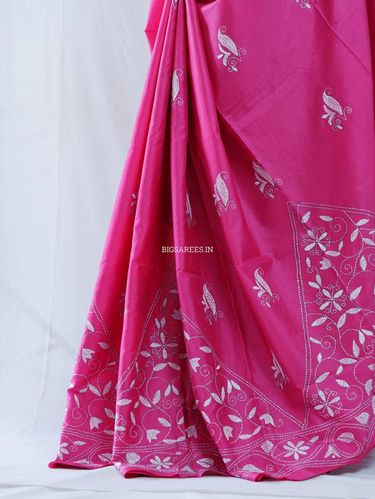 Kantha Stitch Hand Embroidered Saree | Blended Bangalore Silk / Art Silk | Pink