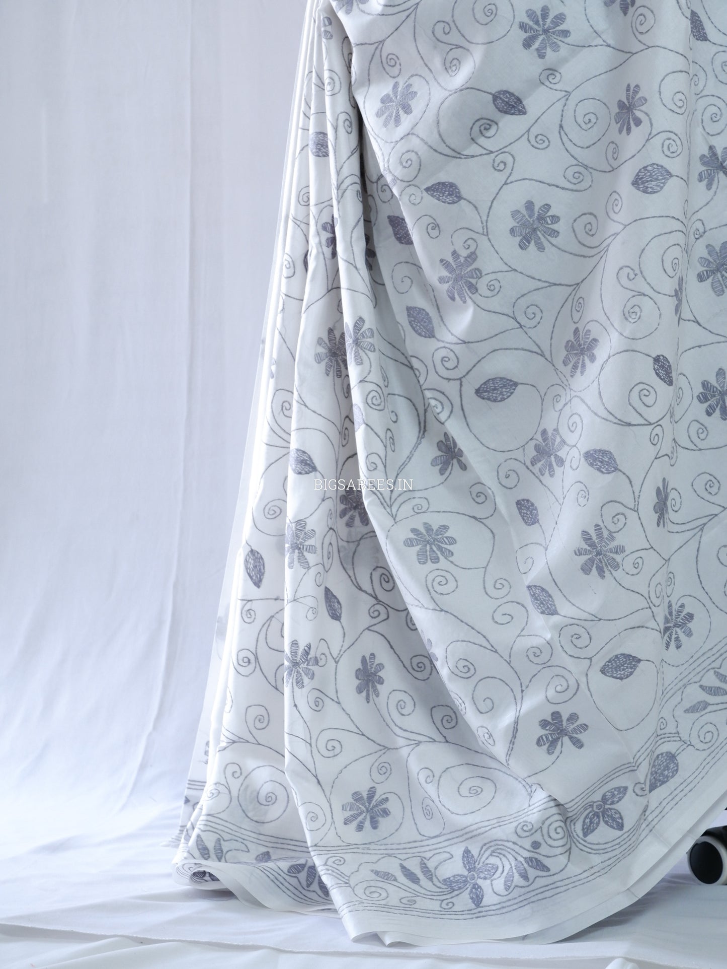 Kantha Stitch Hand Embroidered Saree | Blended Bangalore Silk / Art Silk | White