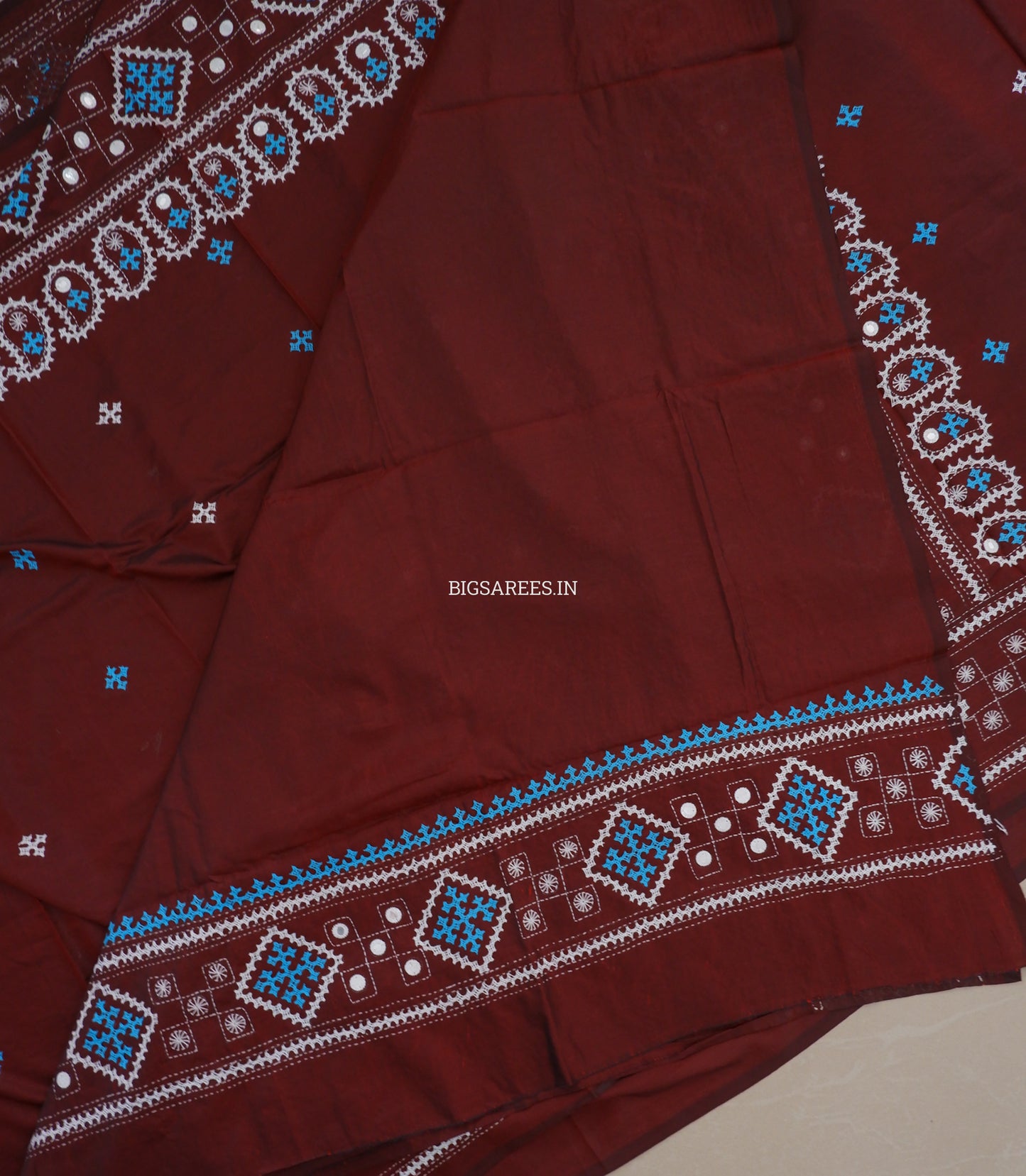 Kutchi/Gujarati Stitch Hand Embroidered Saree | Art Silk | Foil Mirror | Maroon