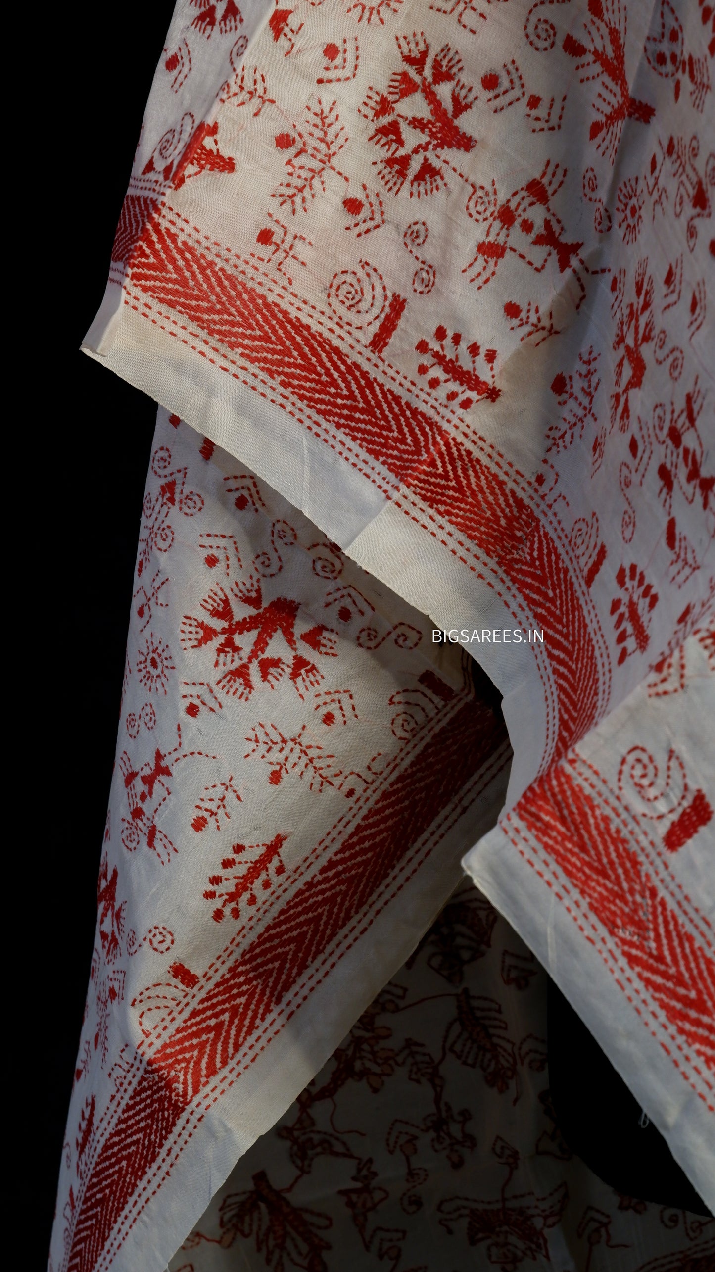 Kantha Semi Tussar Silk Stole | Off-White | 22" |