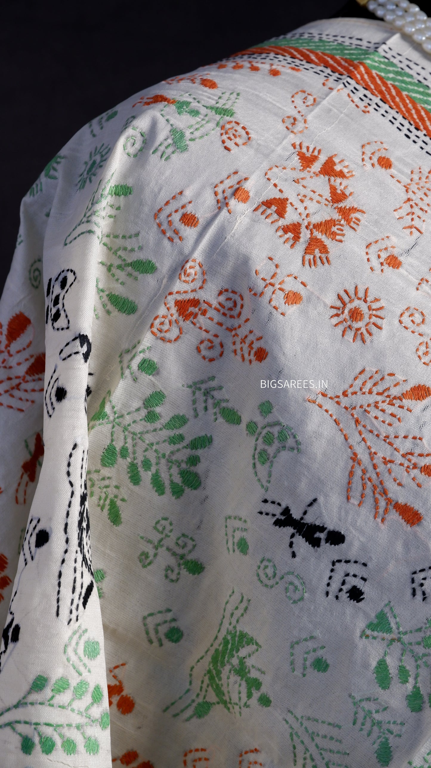 Kantha Semi Tussar Silk Stole | Off-White | 22" |