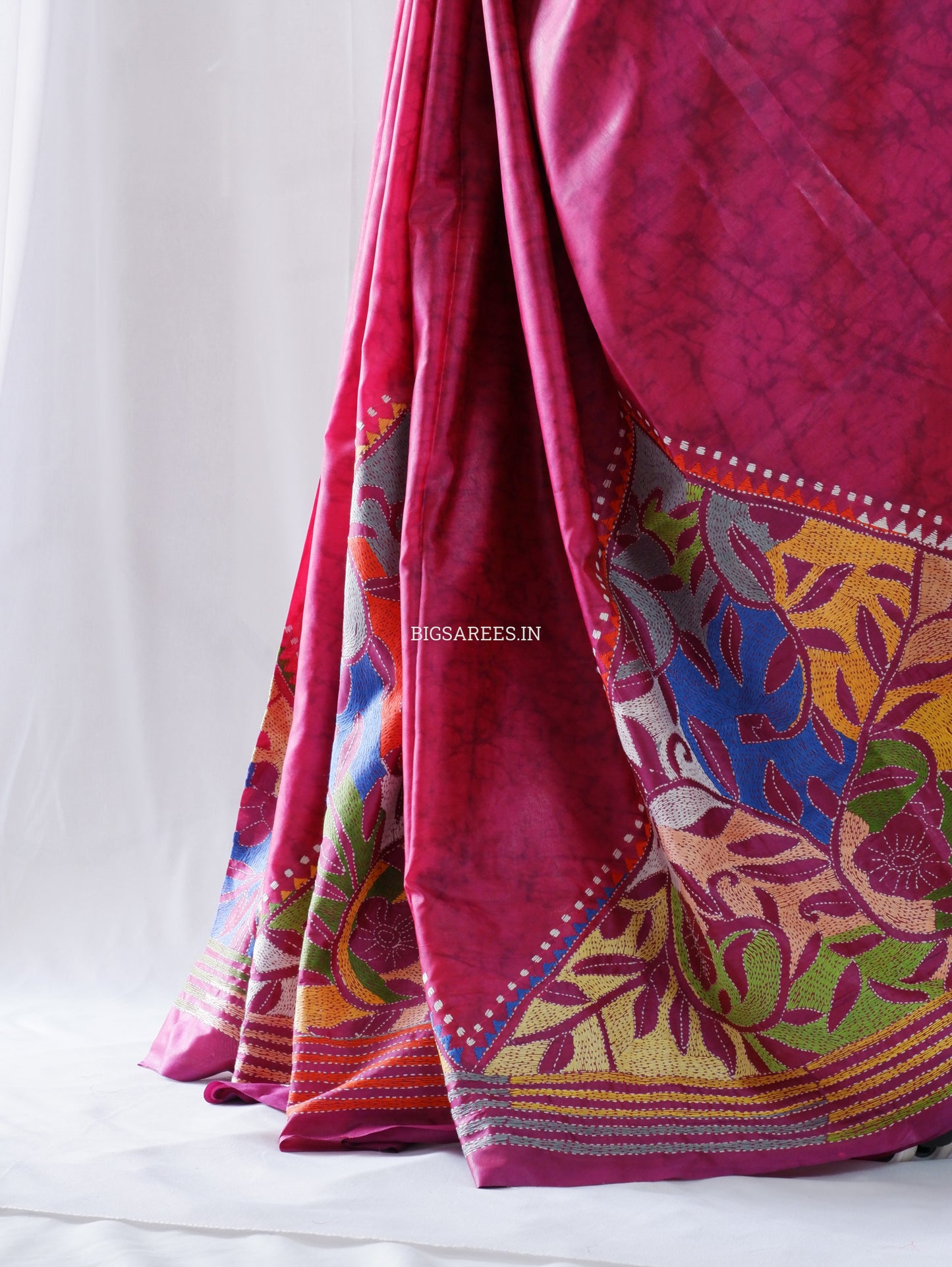 Reverse Kantha Stitch Hand Embroidered Batik Saree | Blended Bangalore Silk / Art Silk | Rani Pink