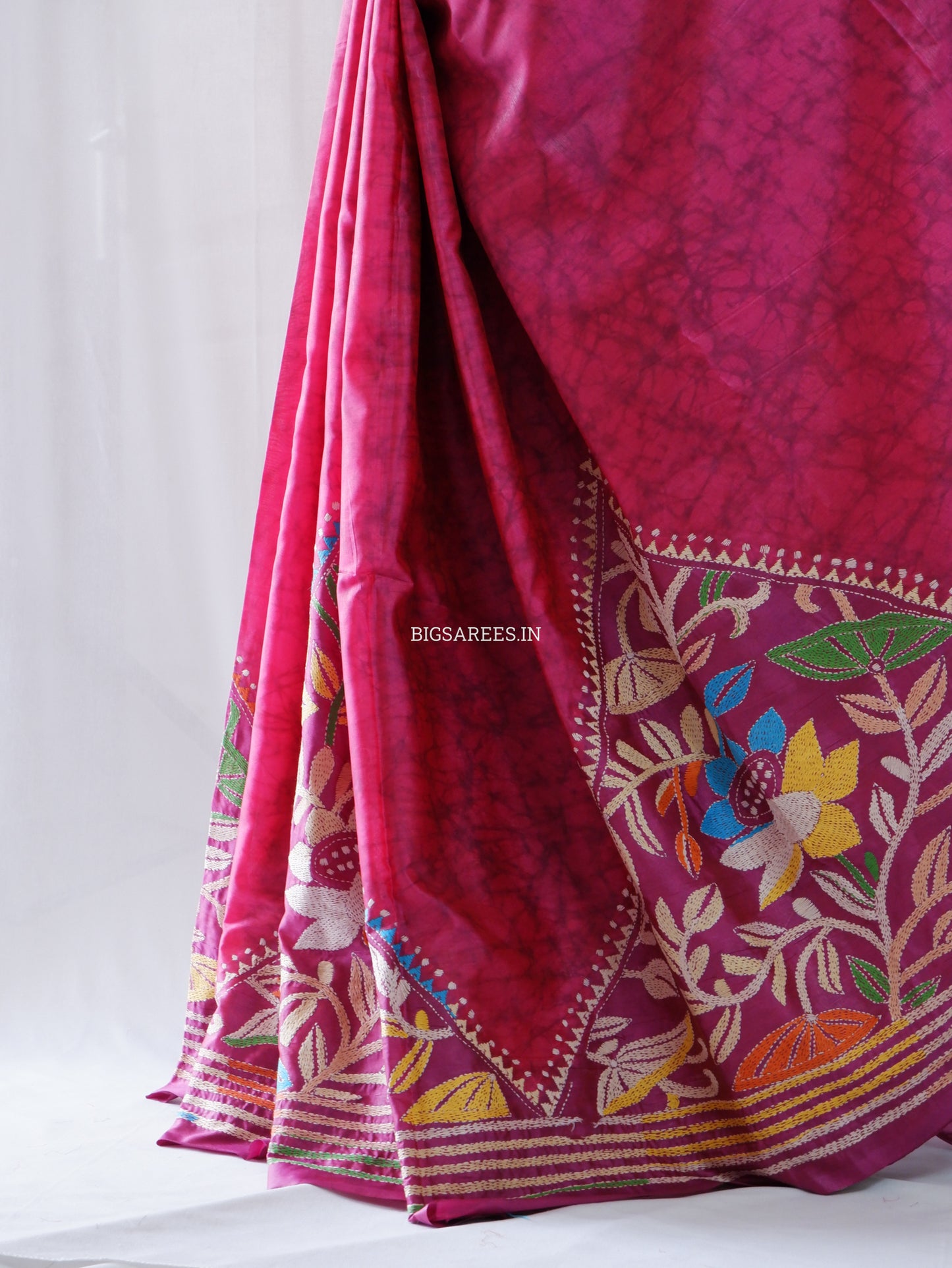Kantha Hand Embroidered Saree | Blended Banglore Silk/Art Silk | Pink