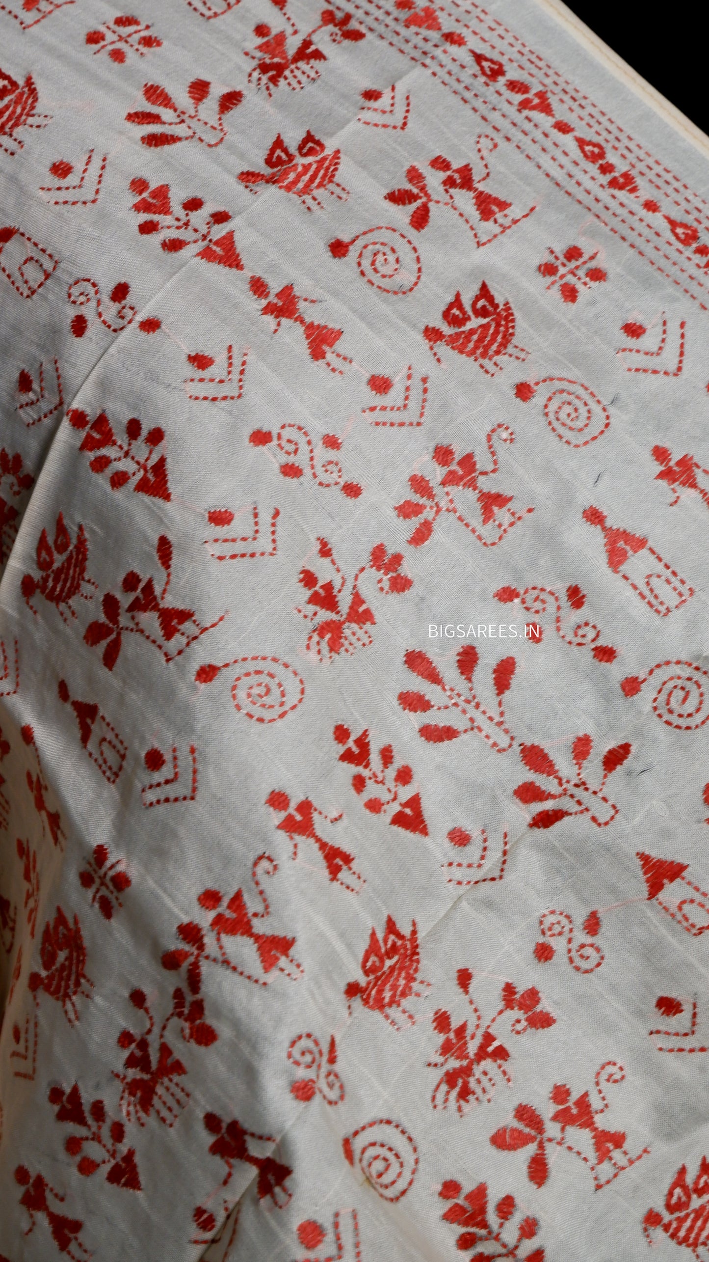 Kantha Semi Tussar Silk Stole | Off-White | 22" |