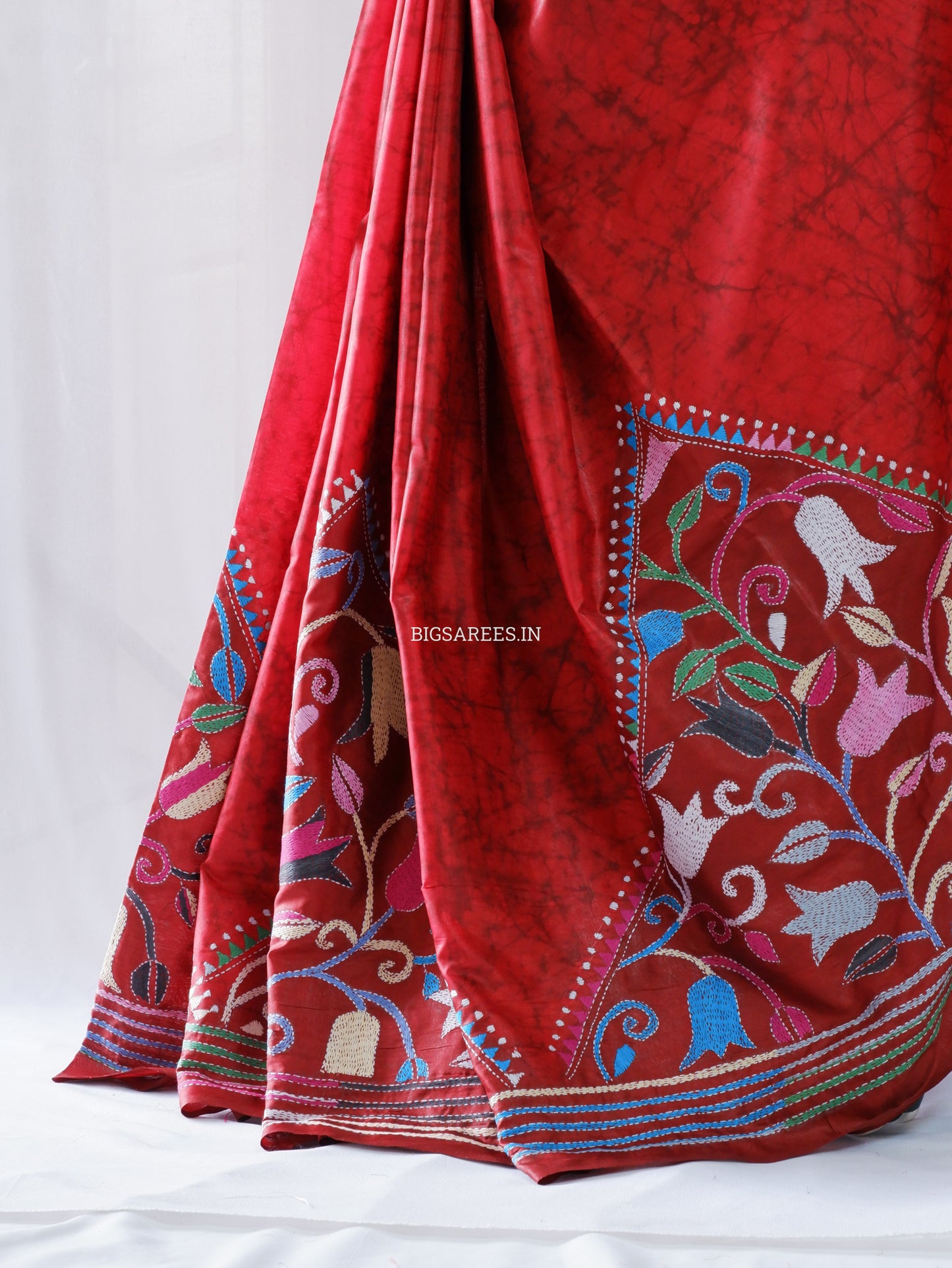 Kantha - Stitch Hand Embroidered Saree | Blended Bangalore Silk / Art Silk | Red