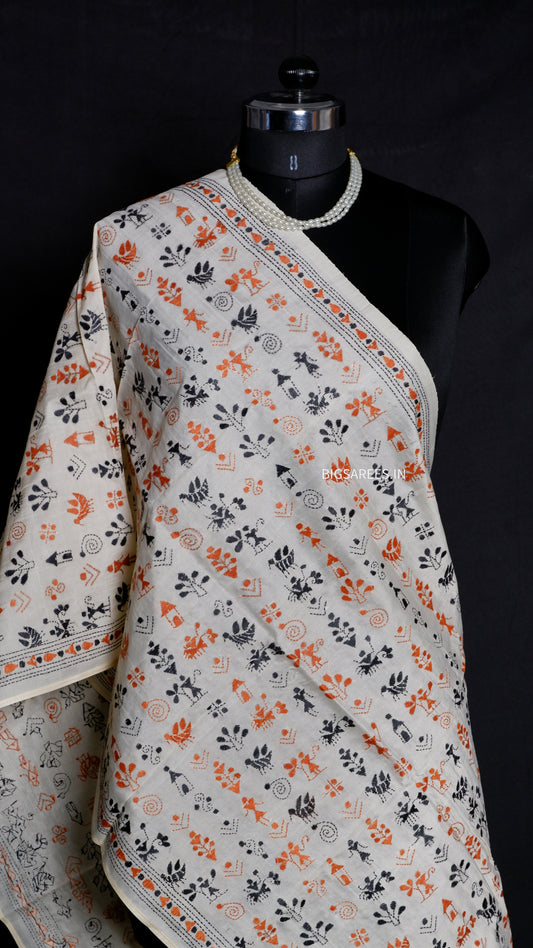 Kantha Semi Tussar Silk Stole | Off-White | 22" |