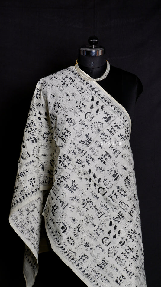 Kantha Semi Tussar Silk Stole | Off-White | 22" |