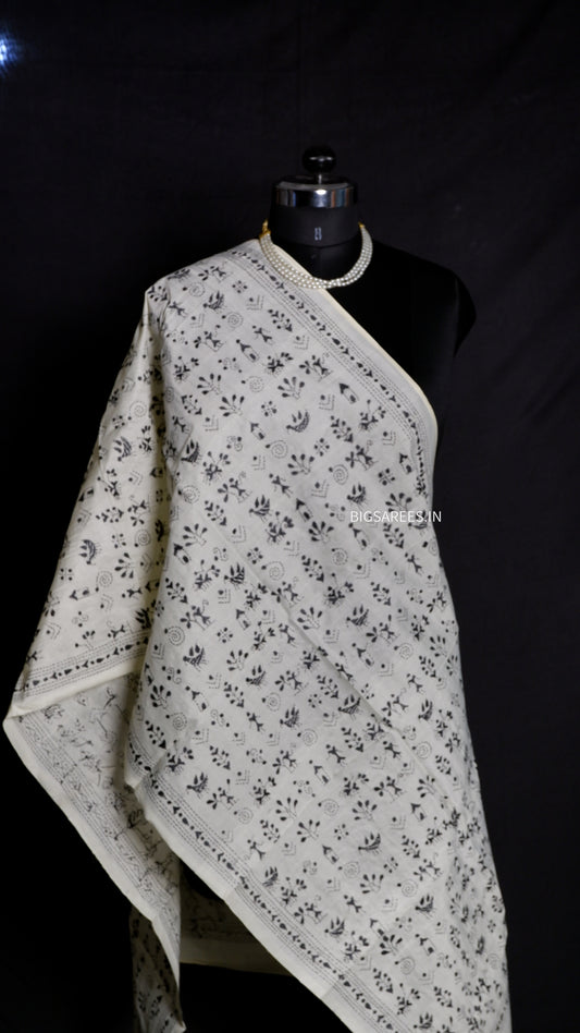Kantha Semi Tussar Silk Stole | Off-White | 22" |