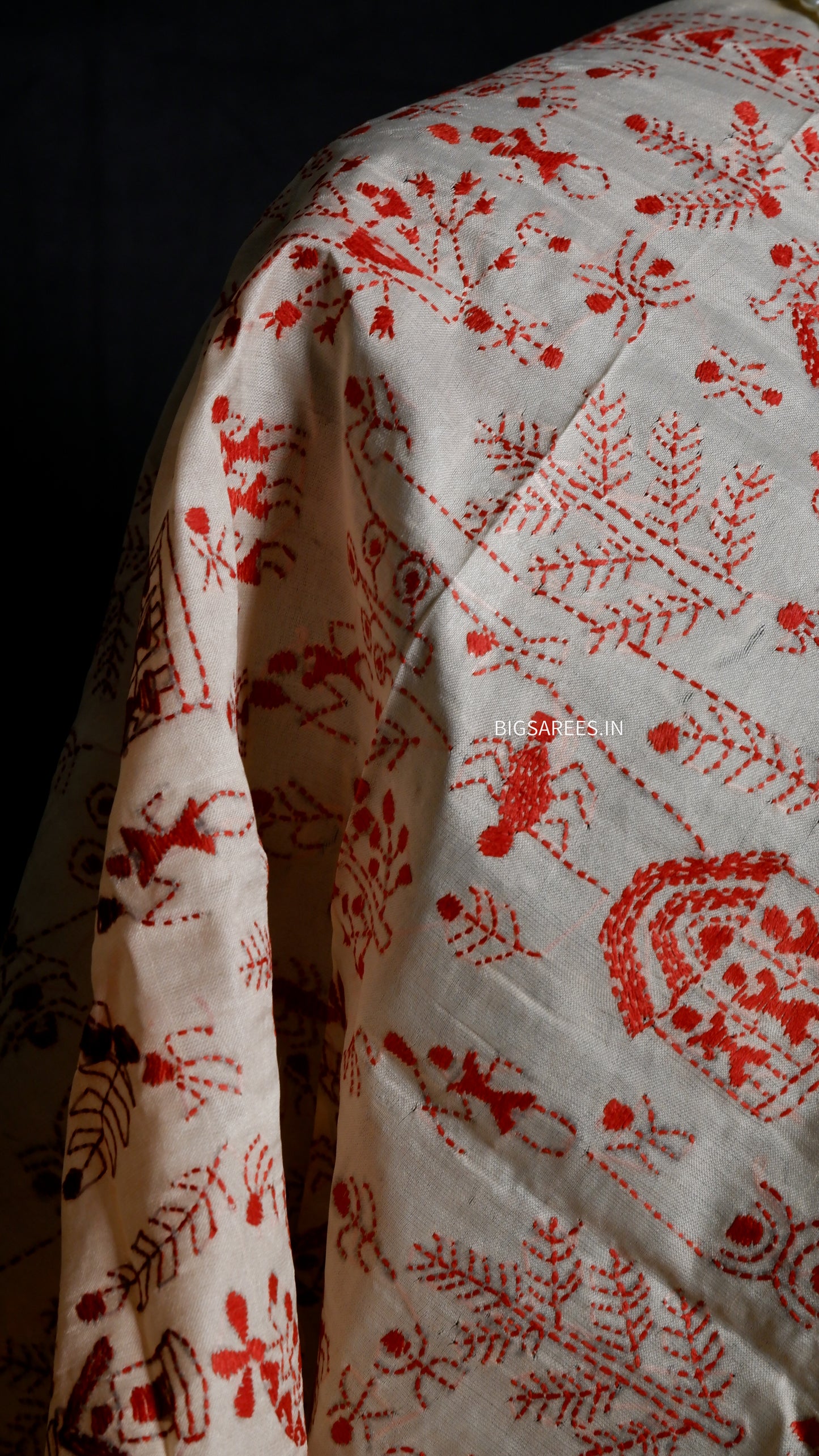 Kantha Semi Tussar Silk Stole | Off-White | 22" |