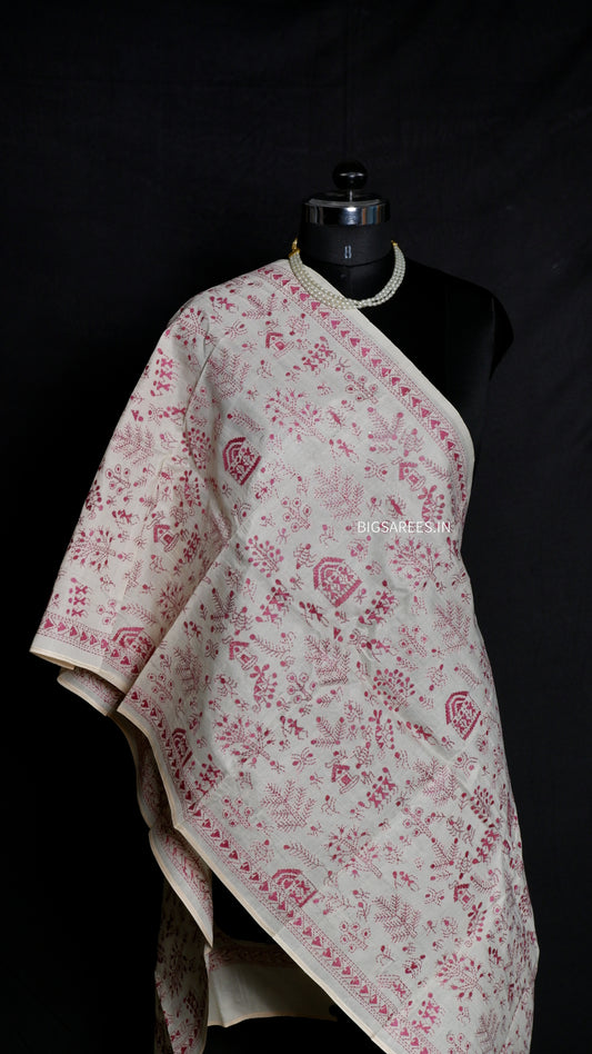 Kantha Semi Tussar Silk Stole | Off-White | 22" |