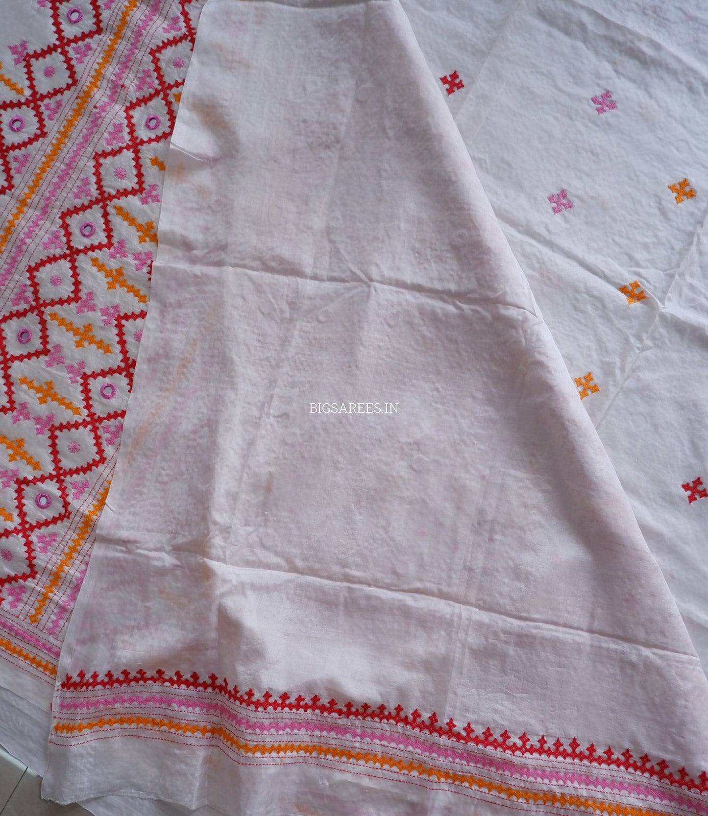 Kutchi/Gujarati Stitch Hand Embroidered Saree | Art Silk | Real Mirror Work | White