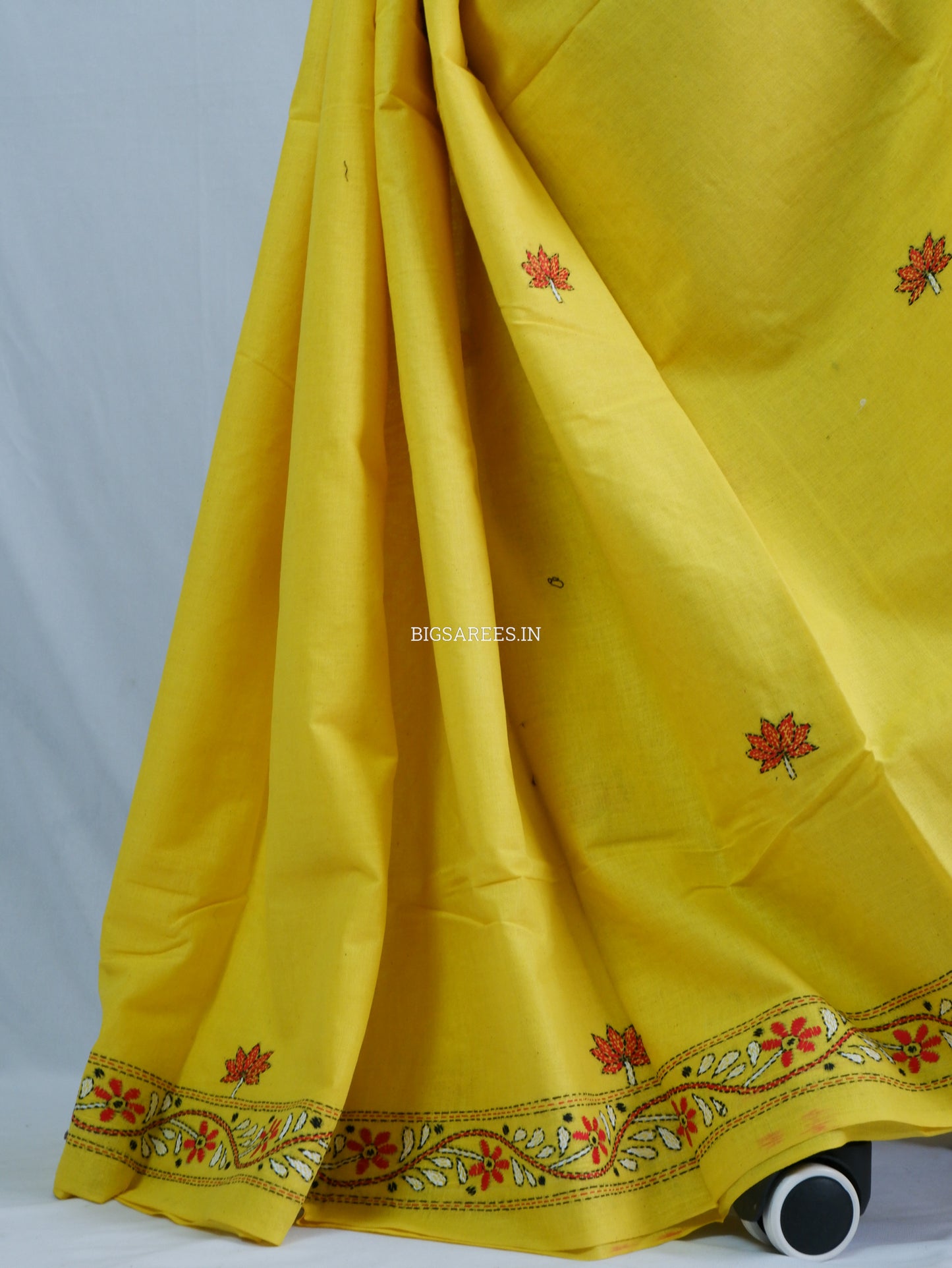 Kantha Hand-Embroidered Saree | Pure Khadi Cotton | Yellow