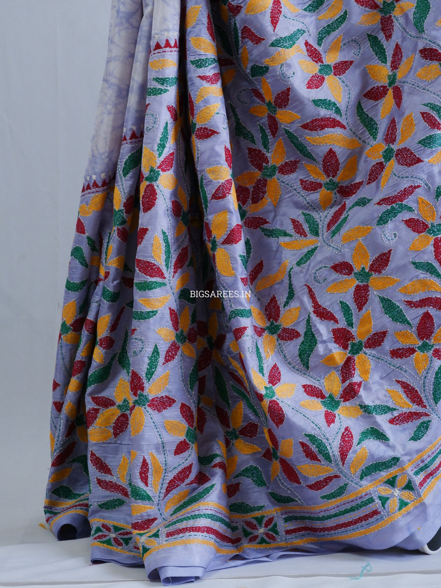 Kantha Stitch Hand Embroidered Batik Saree | Blended Bangalore Silk / Art Silk