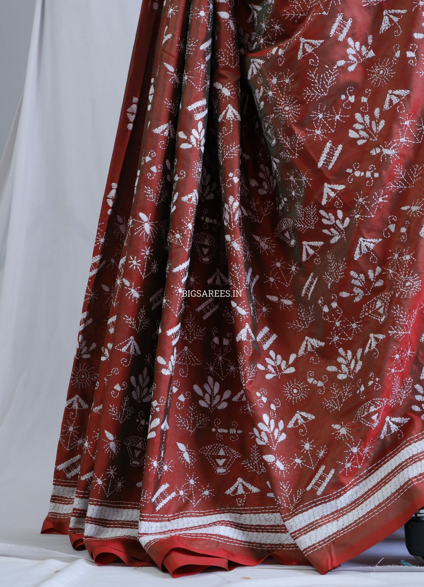 Kantha Stitch Hand Embroidered Saree | Blended Bangalore Silk / Art Silk | Brown