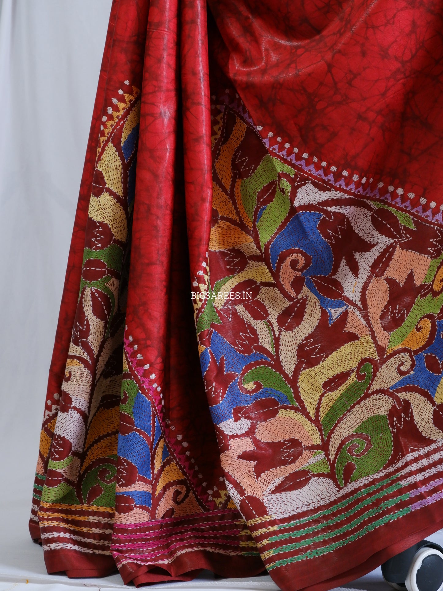 Reverse Kantha Stitch Hand Embroidered Batik Saree | Blended Bangalore Silk / Art Silk | Red