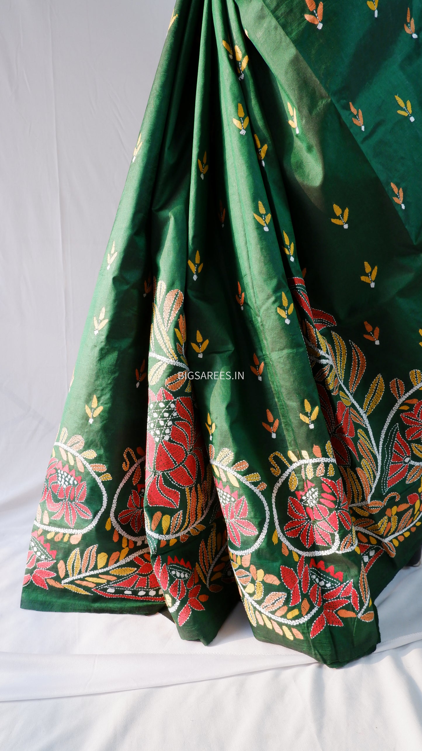 Kantha - Stitch Hand Embroidered Saree | Pure Bangalore Silk | Silk Mark Certified | Forest Green