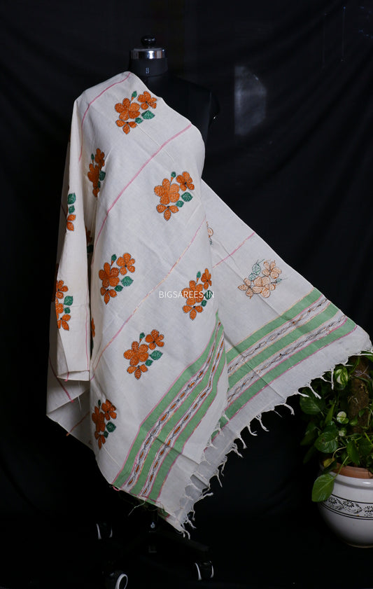 Hand-Embroidered Kantha - Stitch Dupatta | Pure Khesh Cotton | White | 36" |