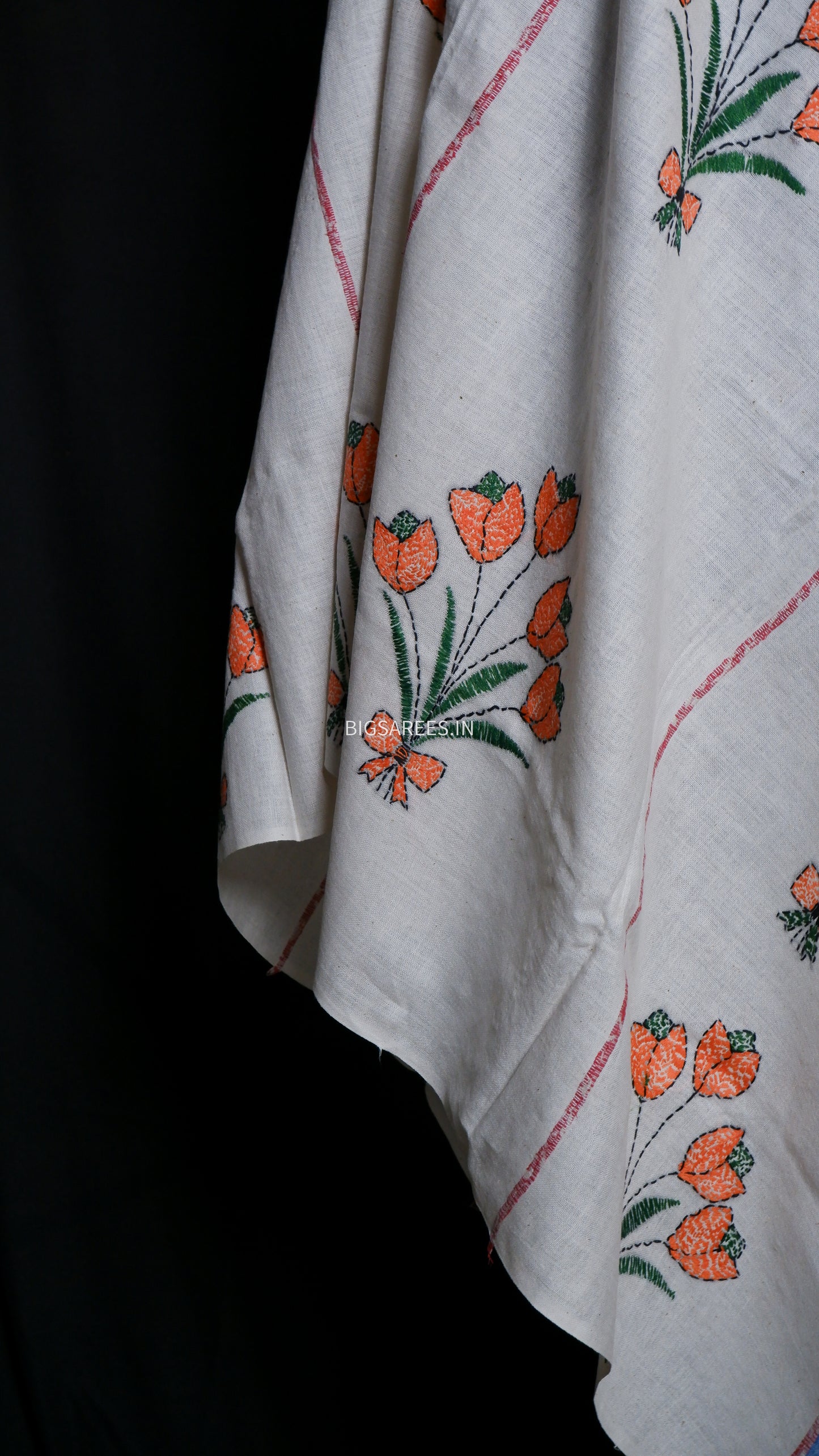 Hand-Embroidered Kantha - Stitch Dupatta | Pure Khesh Cotton | White | 36" |