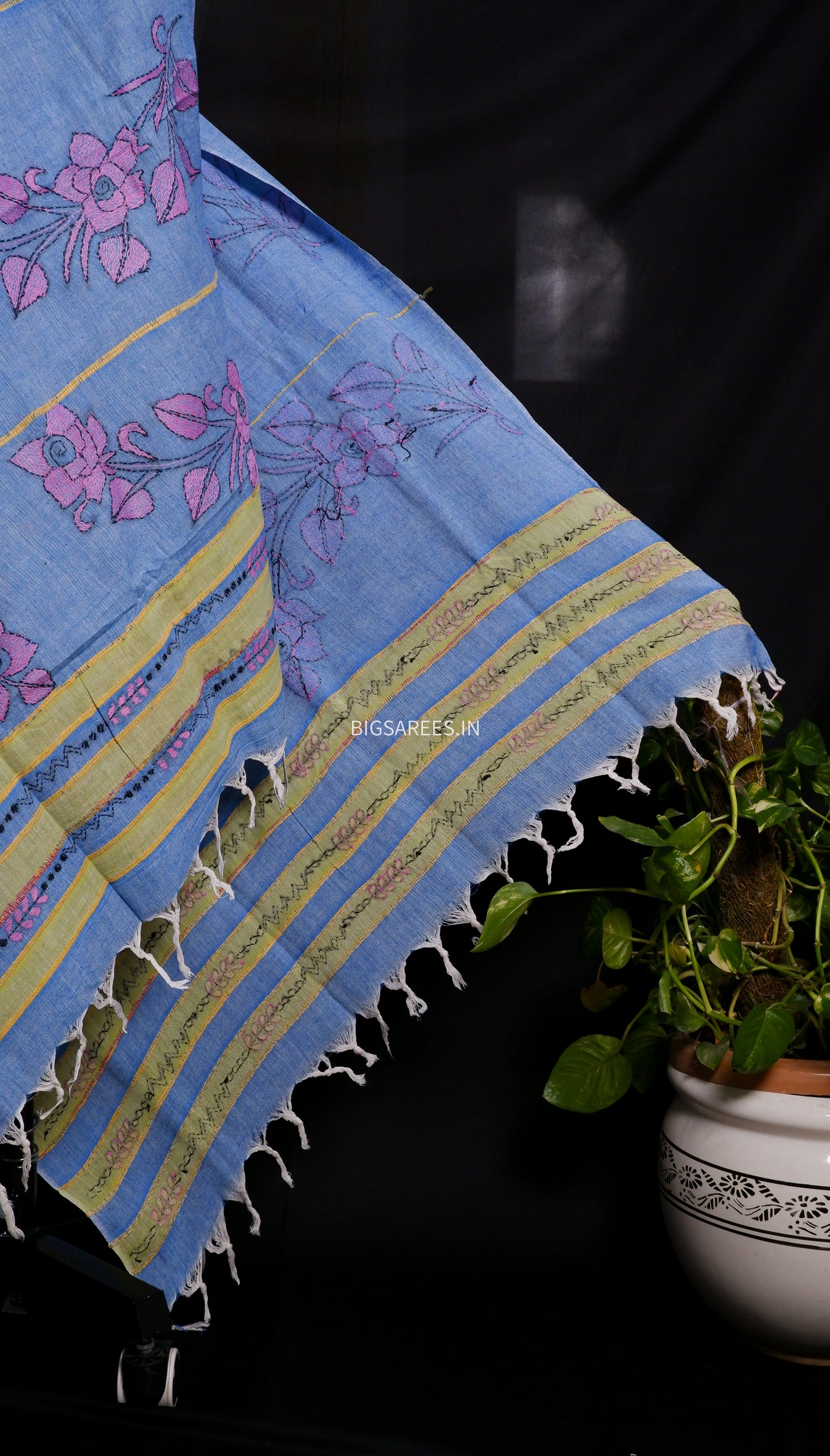 Hand-Embroidered Kantha - Stitch Dupatta | Pure Khesh Cotton | Blue | 35" |