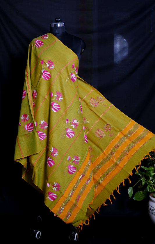 Hand-Embroidered Kantha - Stitch Dupatta | Pure Khesh Cotton | Camo Green | 36" |