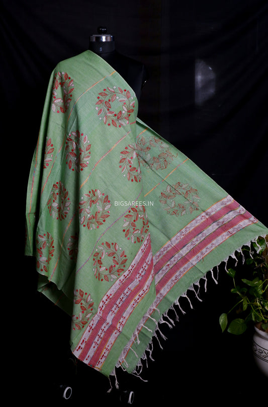 Hand-Embroidered Kantha - Stitch Dupatta | Pure Khesh Cotton | Sage Green | 36" |