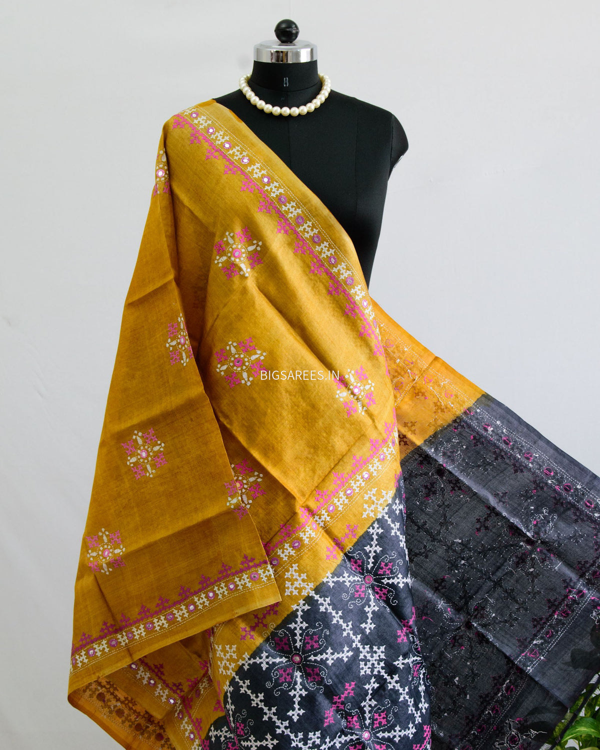 Kutchi Work Dupatta | Tussar Silk | Mustard/Black