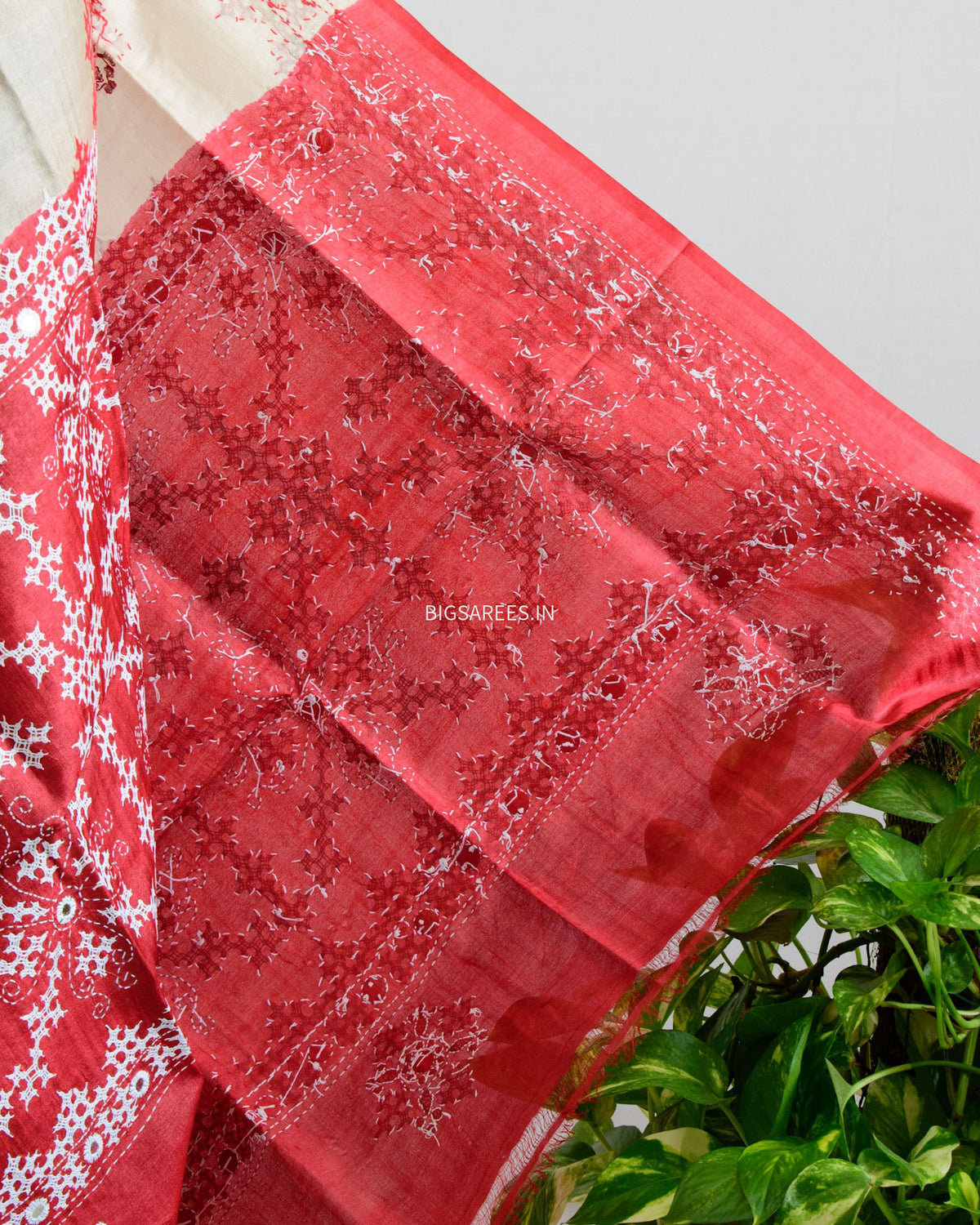 Kutchi Work Dupatta | Tussar Silk | Beige/Red