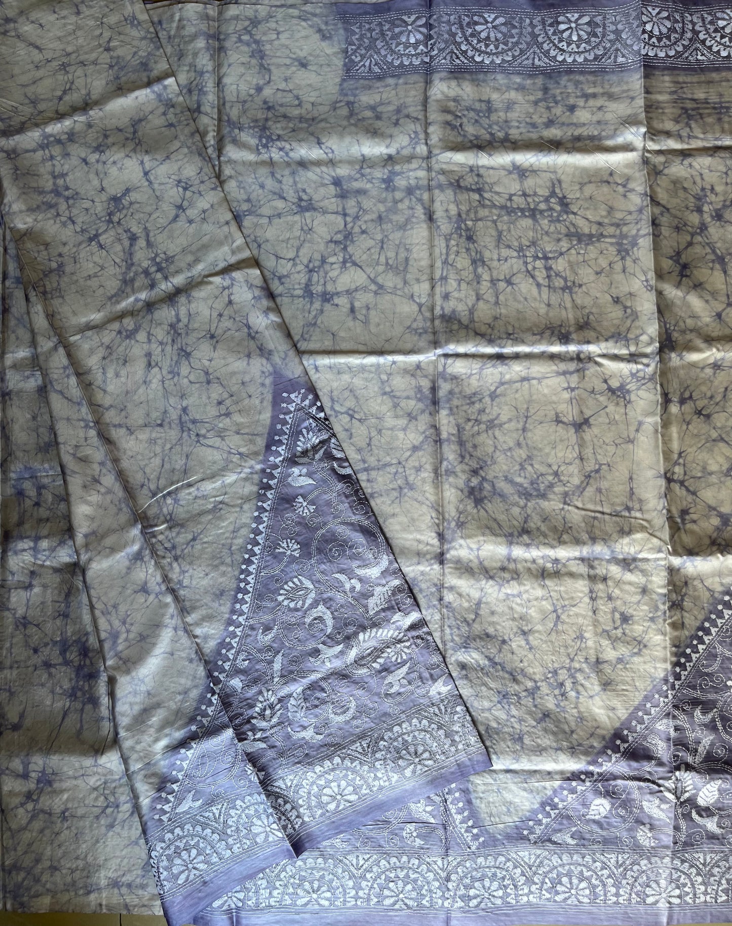 Kantha Stitch Hand Embroidered Art Silk Saree With Blouse